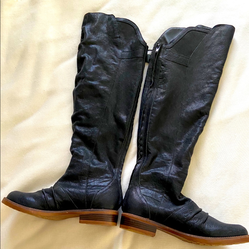 Leather Black Boots Long with Buckles Size 8